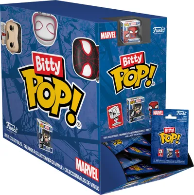 A display box of Marvel Spider-Man Bitty Pop! Funko collectibles.