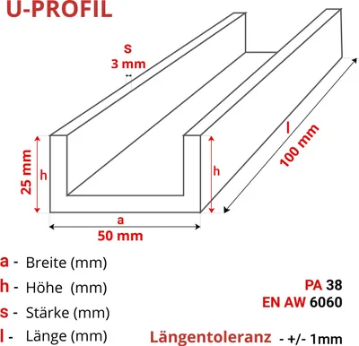 Produktbild von ALUMINIUM U-PROFIL 25x50x25x3 mm 10 cm ALUMINIUM PA38 + ZUSCHNITT NACH MASS