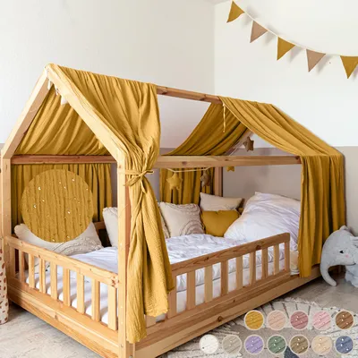 Produktbild von Musselin Hausbett Himmel für Kinderzimmer mit Gold Applikation