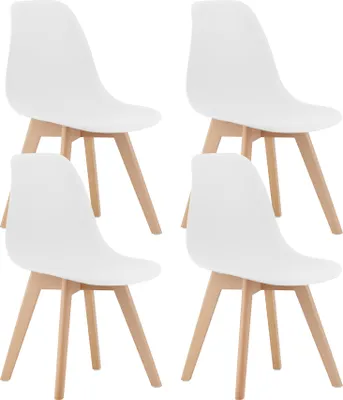 Image de Chaise de salle à manger, set de 4 chaises de bureau, chaise de cuisine, assise en polypropylène avec pieds en bois de hêtre, charge d'assise de 120 kg, assise blanche, pieds naturels