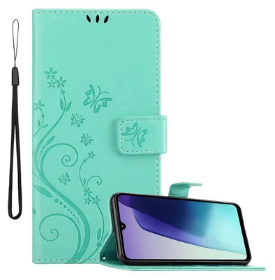Produktbild von Cadorabo Hülle für Xiaomi RedMi 14C Hülle in FLORAL TÜRKIS Schutzhülle im Blumen Design mit Magnetverschluss, Standfunktion und Kartenfächern Book Case Cover