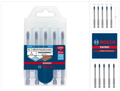 Immagine prodotto di Bosch Expert HEX-9 HardCeramic - Set di punte per trapano - per piastrelle morbide, piastrelle dure - 5 pezzi - 5 mm - lunghezza: 90 mm (2608900598)