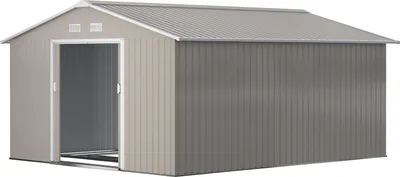 Immagine prodotto di Capanno da giardino 12,4 m², capanno da giardino con tetto a una falda, porta scorrevole, fondamenta, 340 x 386 x 200 cm, capanno per attrezzi in acciaio zincato, resistente alle intemperie, per giardino, grigio antracite