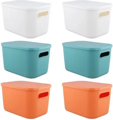 Obrázok produktu pre Plastové úložné boxy s vekom – stohovateľné – 6 kusov – 25 x 18 x 16 cm – biela/žltá/oranžová – materiál PP