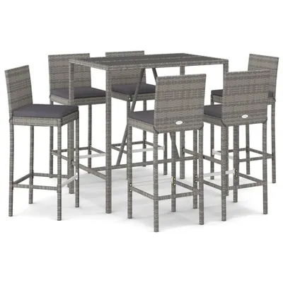 A gray poly rattan bar set with cushions on a white background.