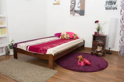 Produktbild von Bettrahmen für Kinder / Kinderbett 120 x 200 cm | Massivholz: Kiefer | Nuss Lackiert | inkl. Rollrost