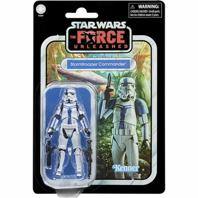 A Star Wars The Force Unleashed Stormtrooper Commander action figure in its original packaging.