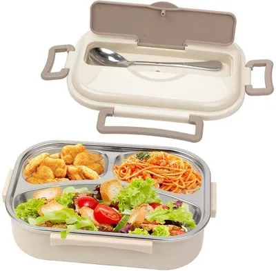 Zdjęcie produktu dla Przenośny, wielokrotnego użytku pojemnik na lunch z 3 przegrodami i łyżką, do biura i w podróży, izolowany pojemnik ze stali nierdzewnej 304, 1 litr