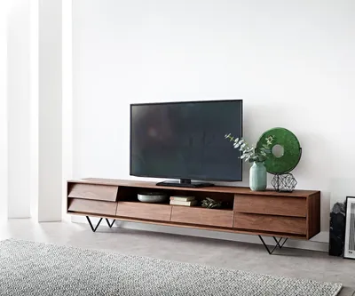 Produktbild von DELIFE Lowboard Eloi 240x35 cm Akazie Braun 2 Türen 2 Schubladen V-Fuß Schwarz