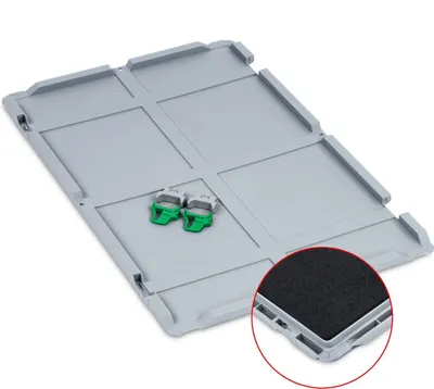 Produktbild von Scharnierdeckel Set Eurobox NextGen mit Schaumstoff und 2 grüne Schiebeschnappverschlüsse | BxT 40x60cm | Grau | Eurobehälter, Transportbox, Transportbehälter, Stapelbehälter