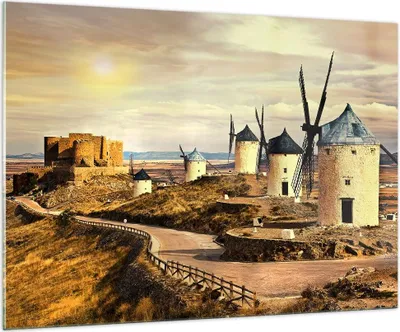 Produktbild von Bilder auf glas - Windmühle andalusien landschaft - 100x70cm - Glasbilder - Wandbilder - Kunstdruck - zum Aufhängen bereit - Wanddekoration aus Glas - Glas Bilder - Wandbild auf Glas - GAA100x70-2729