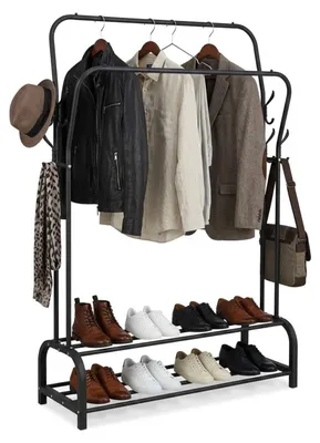 Produktbild von Relaxdays Kleiderständer, HxBxT: 146 x 110 x 33 cm, 2 Ablagen & 2 Kleiderstangen, 8 Haken, Doppelgarderobe, schwarz