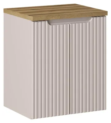Image de Ensemble de salle de bain VANO cachemire et chêne 50cm : meuble sous vasque à placards rainuré verticalement + plan pour vasque