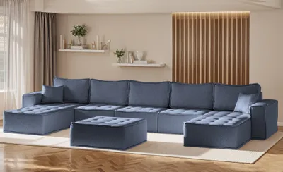 Productafbeelding van Woonkamerbank, hoekopstelling, modulaire bankset, 6-delig, model SANDE, stof: ravenblauw