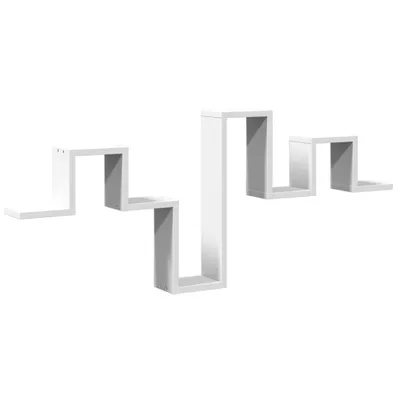 A white, modern, zig-zag shaped wall shelf unit against a white background.