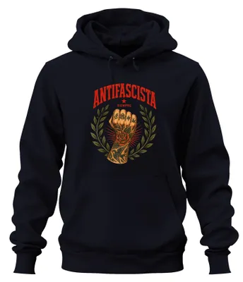 Zdjęcie produktu dla ANTIFASCISTA SIEMPRE - Bluza z kapturem, kolor granatowy, rozmiar S. (Bluza z napisem "ANTIFASCISTA SIEMPRE" - "Antifaszysta zawsze")