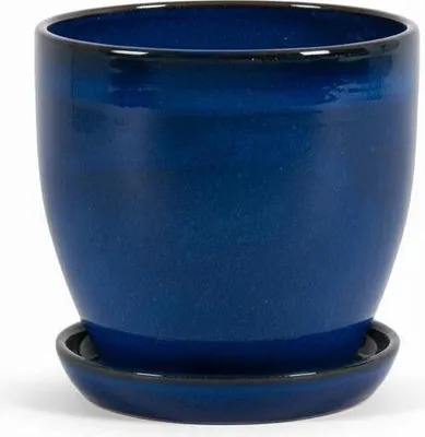Image de Pot de fleurs en céramique modèle « EggPot » 22 cm en bleu royal avec soucoupe