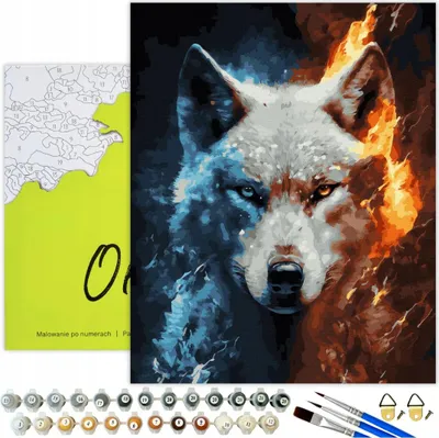 Produktbild von Malen nach Zahlen Erwachsene Tiere Wolf Elemente 50x40 - 31 Acrylfarben, Leinwand mit Holzrahmen, 3 Pinseln und Zubehör Oh Art!