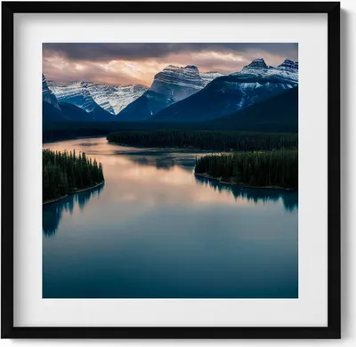 Produktbild von Flusslandschaft mit Wäldern und Bergen– Wandbild mit Rahmen – Gerahmtes Bild  – Wanddekoration – 50x50 cm –  Schwarz Rahmen