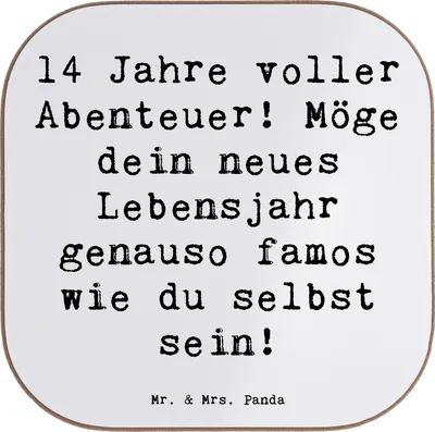 Produktbild von Mr. & Mrs. Panda Untersetzer Glas Spruch 14. Geburtstag Abenteuer - Weiß - Geschenk, besondere Momente, Geburtstagsgeschenk, Getränkeuntersetzer, einzigartig, Alter