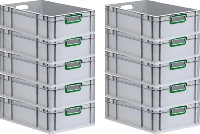 Produktbild von SparSet 10x Eurobox NextGen Color | HxBxT 17x40x60cm | 34 Liter | Griffe grün offen | Glatter Boden | Grau | Eurobehälter, Transportbox, Transportbehälter, Stapelbehälter