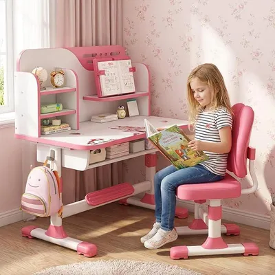 Imagen del producto de Conjunto de escritorio y silla para niños, con altura ajustable. Incluye escritorio y sillas, ideal para escritorios infantiles en dormitorios o estudios. Escritorios con una amplia superficie de escritura de 80 cm. Ideales como regalo