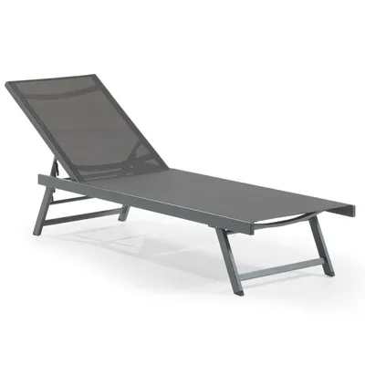 A gray chaise lounge chair on a white background.