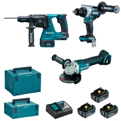 Immagine prodotto di Set combinato Makita 18 V DLX3202TJ (DHP492, DGA506, DHR243) 3 batterie da 5,0 Ah e 2 caricabatterie