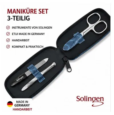 Produktbild von Maniküre Set Solingen 3-teilig mit Nagelschere, Pinzette & Saphirnagelfeile Germany Blau