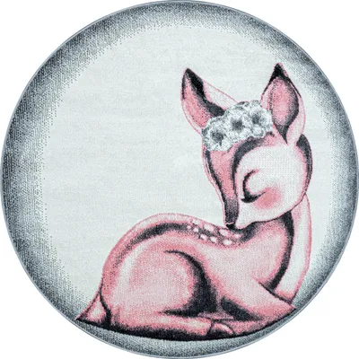 Produktbild von Kinder Teppich Kinderzimmer für Jungs und Mädchen Pink 120x120 weich Rehkitz Design bunt aus Regenbogen Fußball uvm. Rund aus Polypropylen