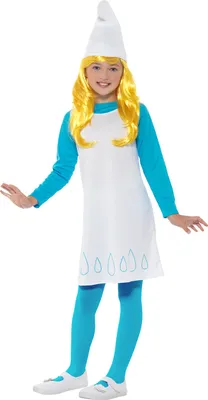 A young girl wearing a Smurfette costume.