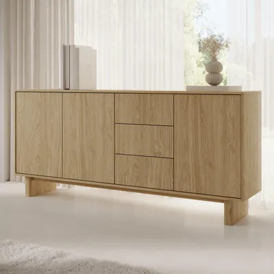 Productafbeelding van Zijtafel/dressoir VIRONE, geolied eikenhout, Japandi-stijl, met 3 deuren en lades