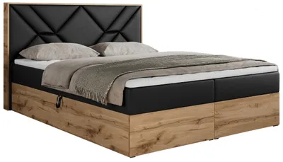 Produktbild von Boxspringbett 200x200 mit Bettkasten, Polsterbett 200x200 mit Matratze H4, Boxspringbett 200x200 mit Kopfteil, Boxspringbett mit Massivholz - Gunar - Schwarz Kunstleder - H4