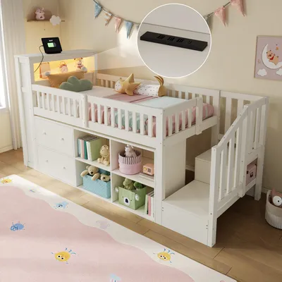 Immagine prodotto di Letto a castello per ragazzi 90x200 cm con cassetti e contenitori, letto a castello con scaletta e illuminazione a LED, letto a castello senza materasso, bianco