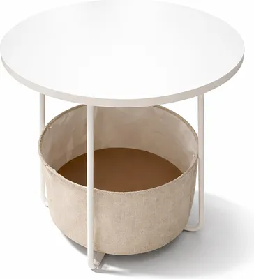 Obrázok produktu pre Relaxdays odkladací stolík, okrúhly konferenčný stolík, s látkovým košom, HD 50x45 cm, konferenčný stolík do obývačky, MDF a kov, bielo-béžový