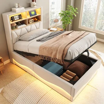 Produktbild von Jugendbett 90x200cm mit hydraulischem Stauraum, APP-gesteuertem LED-Lichtband, USB-Ladeanschluss, Metall-Lattenrost und Leinenpolsterung in Beige