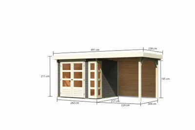 Produktbild von Gartenhaus Kerko 3 terragrau im Set mit Anbaudach 2,40 m Breite und 19 mm und Rückwand