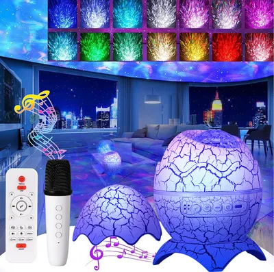 A living room scene at night, with a city skyline visible through the window. The room is illuminated by various colorful lights from star projectors and a karaoke microphone.