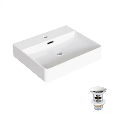 Productafbeelding van HOROW wastafel van 50 cm met keramisch pop-up afvoer, wandmontage wastafel, keramische hangwastafel, rechthoekige opzetwastafel met overloop