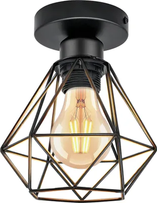 A vintage-style ceiling light with a diamond-shaped metal cage and a visible Edison-style bulb.