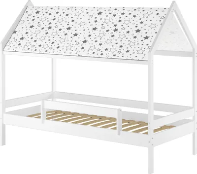 Produktbild von Weißes Himmelbett m Himmel u Fallschutz Kinderbett Hausbett 90x200 Massivholz Einzelbett weiteres Zubehör wählbar V-60.58-09W Rollrost inkl.