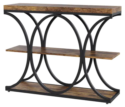 Image de Console d'entrée étroite de 100 cm avec 3 étagères, idéale pour un couloir ou derrière un canapé. Style rustique, couleur marron