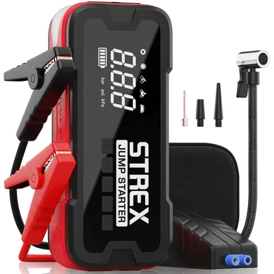 Productafbeelding van Strex 12V Jumpstarter voor Auto met Compressor - 4000A / 24.000 mAh - 5-in-1 Starthulp met Compressor, Powerbank, LED Zaklamp en SOS Noodlicht - Incl. Hardcover
