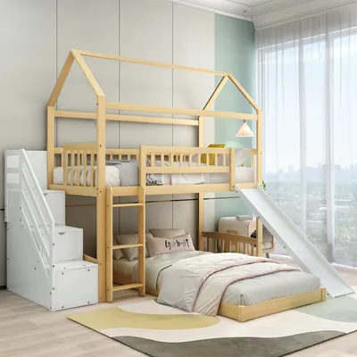 Produktbild von Flieks Etagenbett 90x200cm Kinderbett mit Rausfallschutz, Hochbett mit Rutsche und Treppe, Hausbett mit Lattenrost Holzbett für 2 Kinder, Kieferholzbett