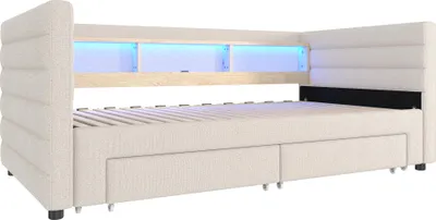 Produktbild von Merax Tagesbett Daybett 90x190cm, Schlafsofa mit Ausziehbett, 2 Schubladen, Ablagefach, LED Licht, USB, Typ-C, Polsterbett, Kinderbett, Samt, Beige