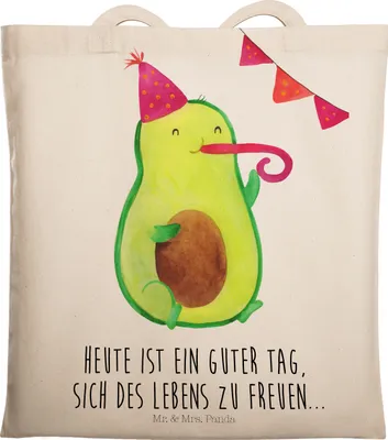Produktbild von Mr. & Mrs. Panda Jutebeutel Avocado Party - Transparent - Geschenk, Schultasche, Tasche, Avocados, Tote Bag, Happy Birthday, Tragetasche, Geburtstag, Shopping