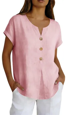 Produktbild von ASKSA Damen Tshirt Musselin Sommer V-Ausschnitt Knopfleiste Leinenbluse Locker Elegant Einfarbig Oberteile Top (Rosa,XL)