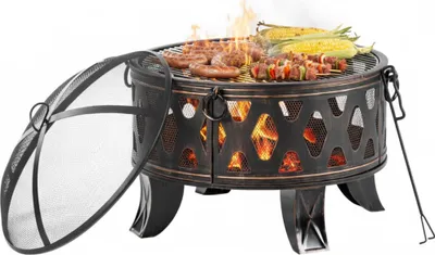 Produktbild von Relaxdays Feuerschale, Ø 66 cm, mit Grillrost, Funkenschutz & Schürhaken, Feuerstelle Garten, Feuerkorb, schwarz/bronze
