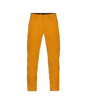 A pair of yellow cargo pants is shown against a white background.