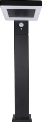 A black solar-powered stehleuchte with a square top and a motion sensor.